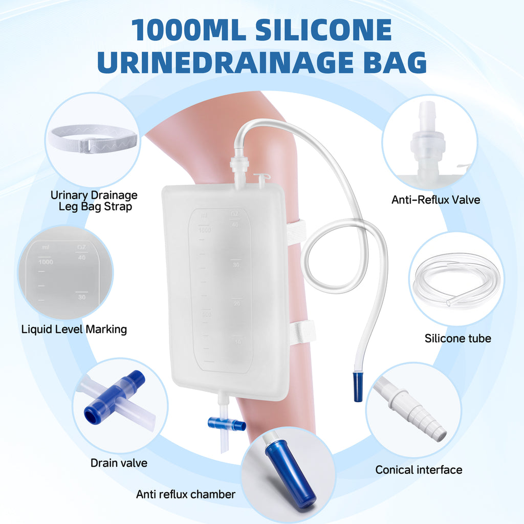 (2PCS)SorealGroup 1000ML Silicone Catheter Leg Bag | Reusable Washable Urine Drainage Bag with Anti-Slip Adjustable Straps & 1M Silicone Tube | For Men, Post-Surgery, Long-Term Care